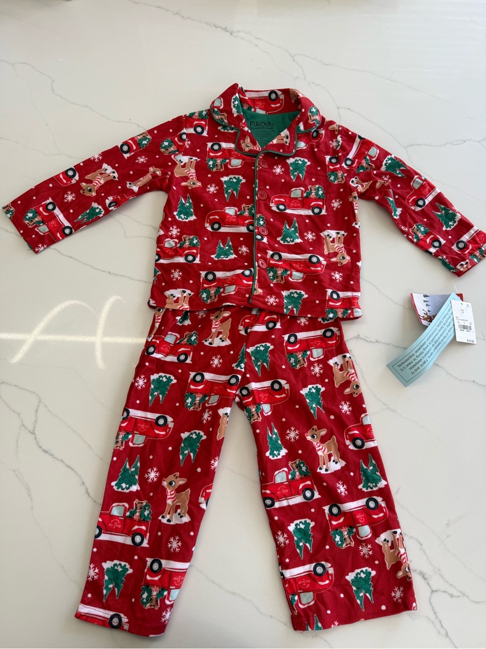 Target Red Kids Pajama Set with Trucks, Trees & Reindeer Print